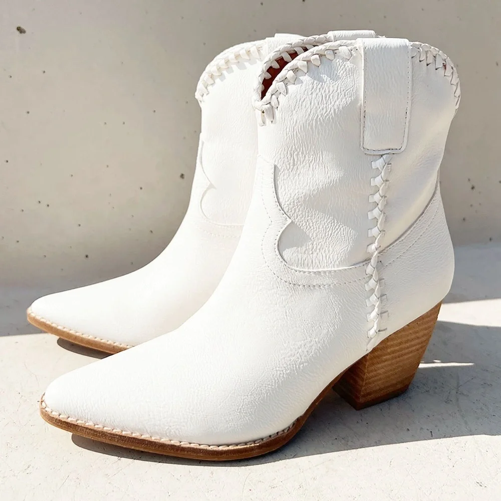 NEW Western Cowboy Whipstitched Ankle Boots
Pointy Toe Block Heel Distress White - Picture 15 of 16